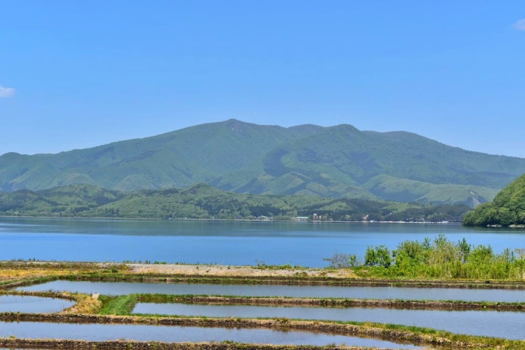 田沢湖と、湖岸の水田