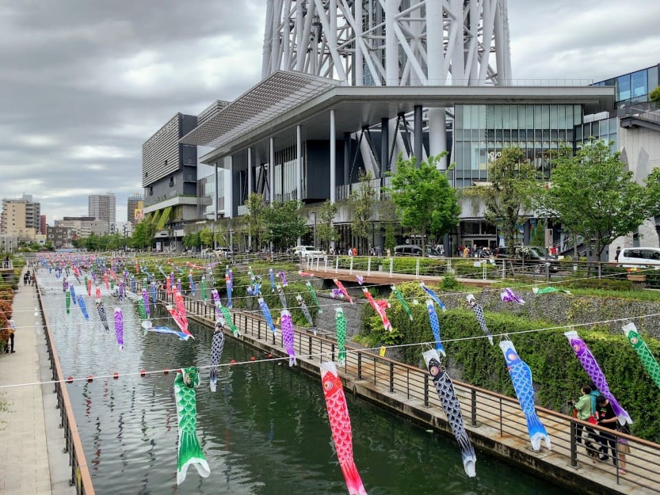 北十間川にかかる鯉のぼり