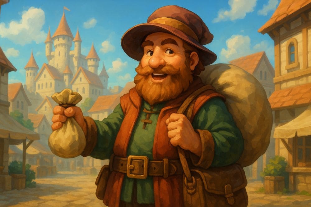 イメージは「ゲームのRPGキャラクター風の商人、背景は城下町、明るく幻想的」