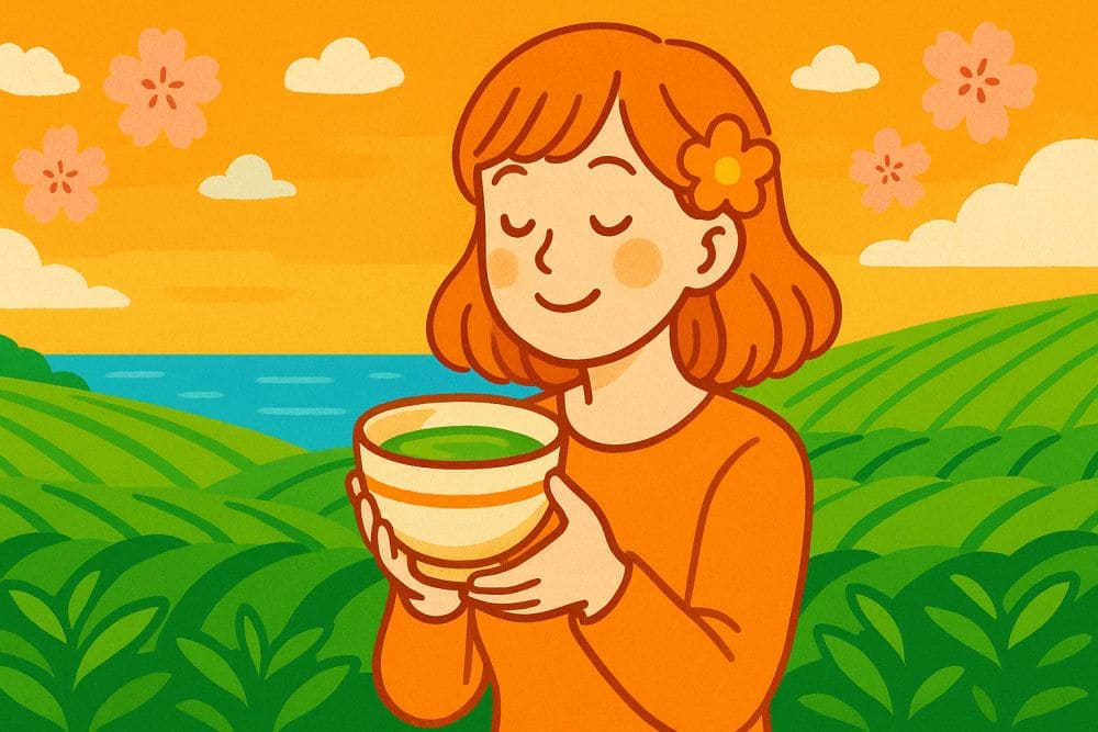 「ブログ用のアイキャッチ画像を作って。16:9で、イメージは「春の茶畑で抹茶を飲む女性のイラスト風」」とリクエストした結果がこちら