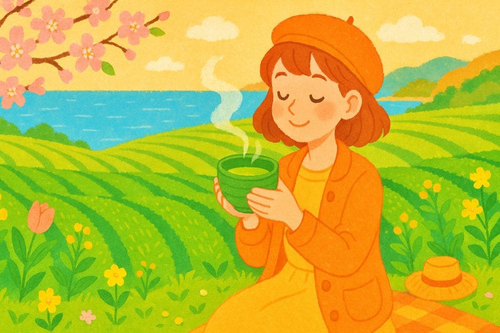 「春の静岡を旅したブログ記事に合う、16:9のアイキャッチ画像をイラスト風でお願いします」