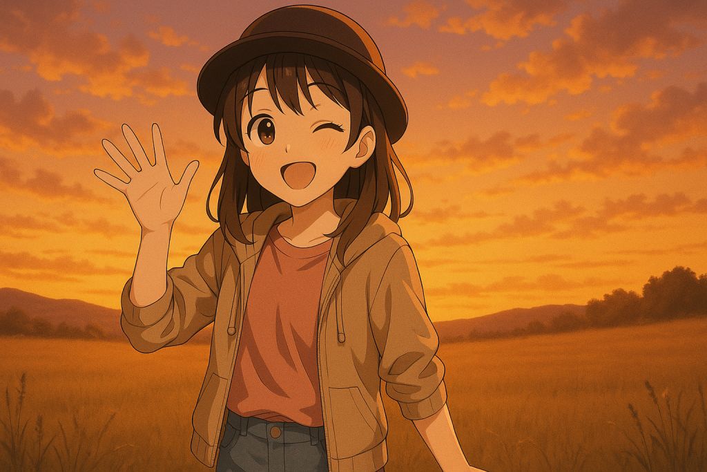 夕焼けの中で手を振る少女
