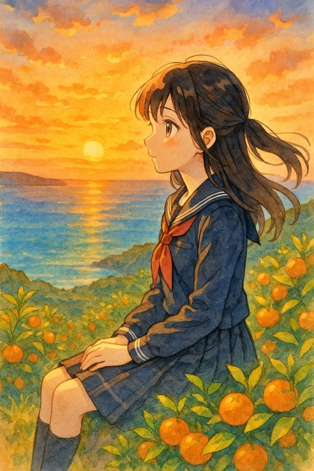 夕日の海辺とオレンジの木