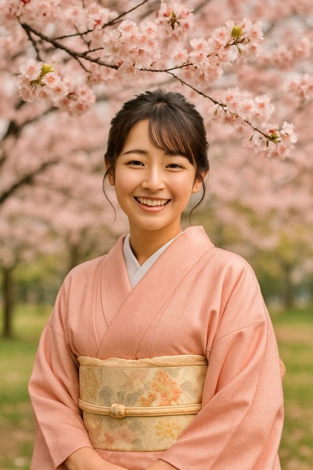 桜の下で微笑む女性