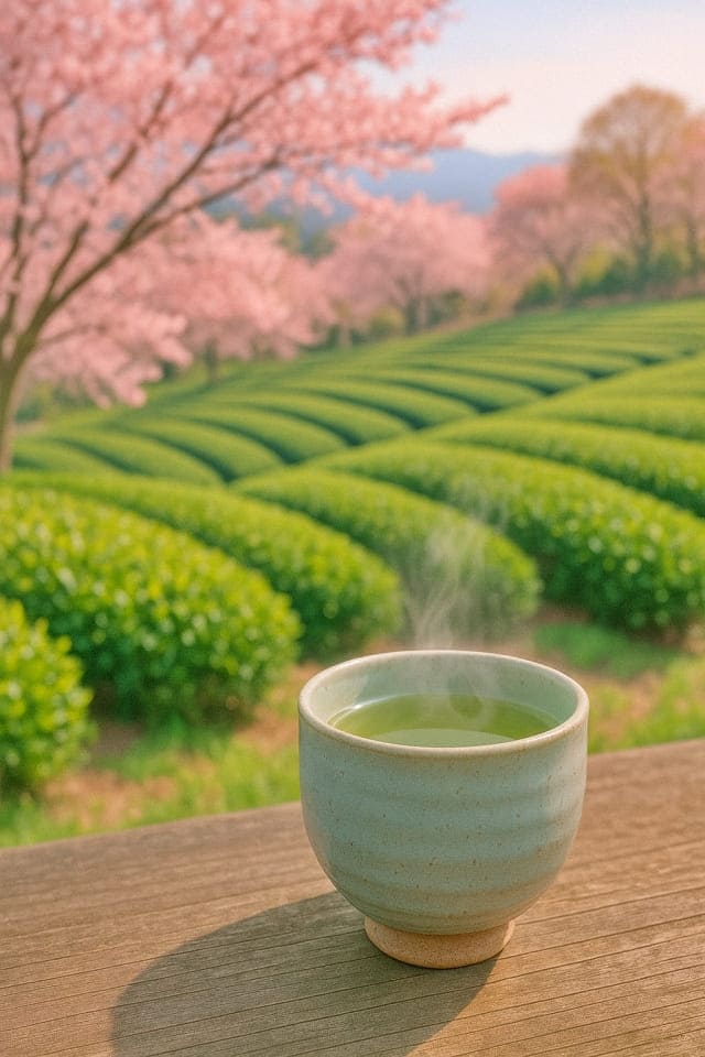 春の茶畑と桜の風景