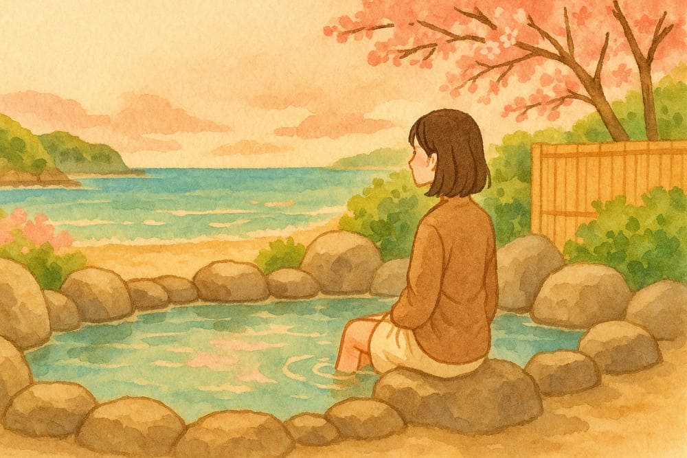 春の温泉と海の風景