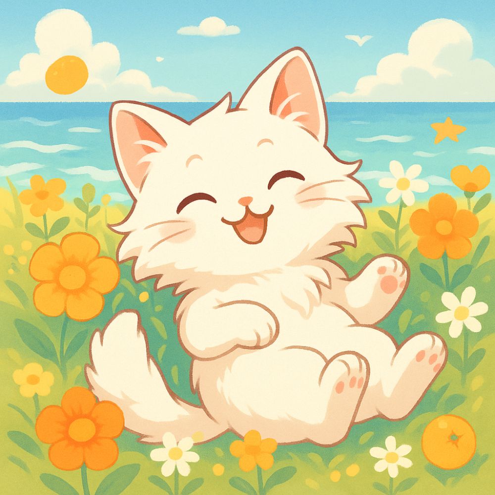 海辺の花畑でくつろぐ猫