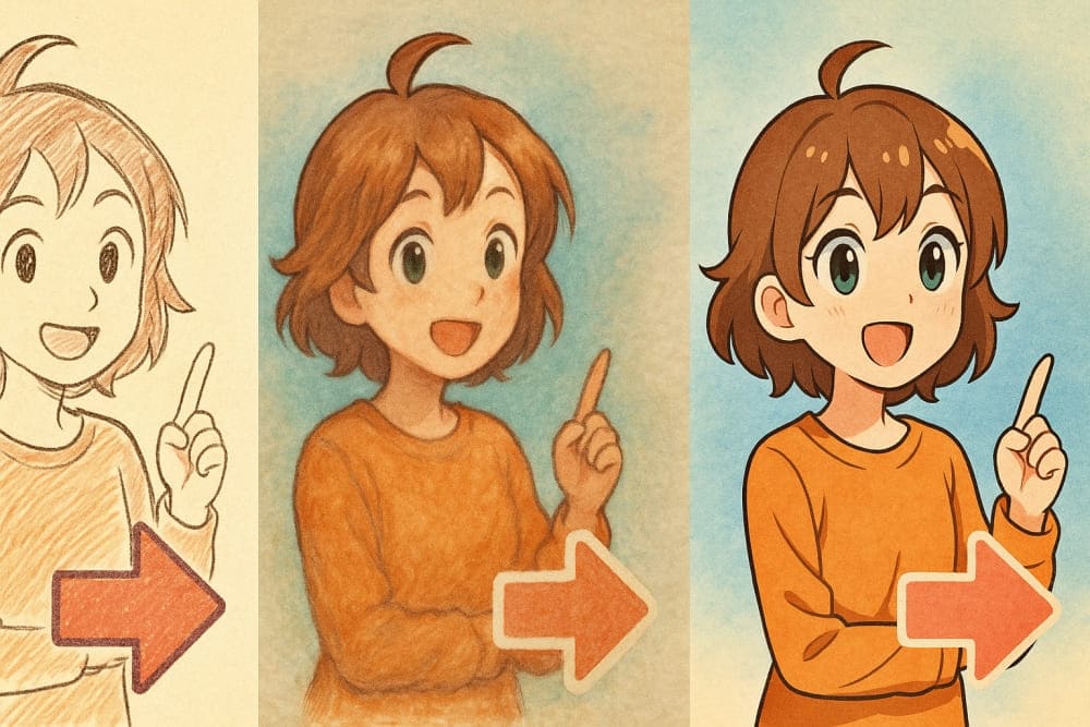 若い女の子とカラフルな矢印
