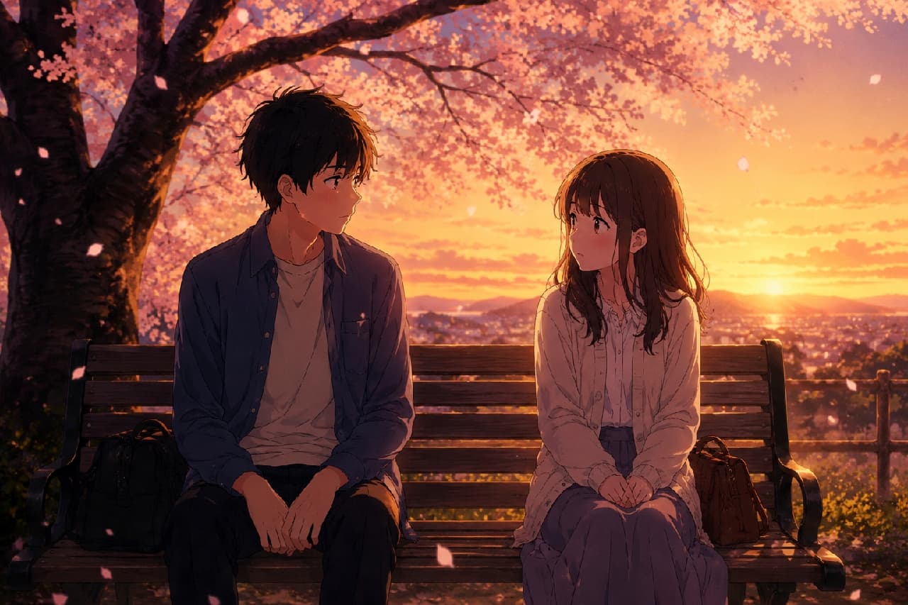 「桜舞う夕暮れのベンチ。言葉にならない緊張感と、そっと交わす視線にドキドキが止まらない…🥺🌸 あなたの忘れられない春の思い出は？ #青春 #エモいイラスト #桜の季節 #恋物語」Ultra-realistic high-quality photograph of an anime-style illustration showing a young couple sitting on a wooden park bench under a blooming cherry blossom tree at sunset. The boy in a blue shirt and the girl in a white cardigan sit with a slight distance between them, looking at each other with nervous, gently blushing expressions. The cinematic soft lighting, falling pink petals, and the breathtaking sunset over the distant town create a deeply emotional, nostalgic, and romantic atmosphere. 茜色に染まる美しい夕焼け空と満開の桜の木の下、木製ベンチに座る若い男女を描いたアニメ映画風イラスト。男性は青いシャツ、女性は白いカーディガンを羽織り、少し距離を置いて座っています。互いに少し緊張した面持ちで、頬を染めながらそっと視線を交わす初々しい瞬間が捉えられています。舞い散る桜の花びらと、遠くに見える夕暮れの街並みが、柔らかく温かい光に包まれ、甘酸っぱい青春の空気感をドラマチックに演出しています