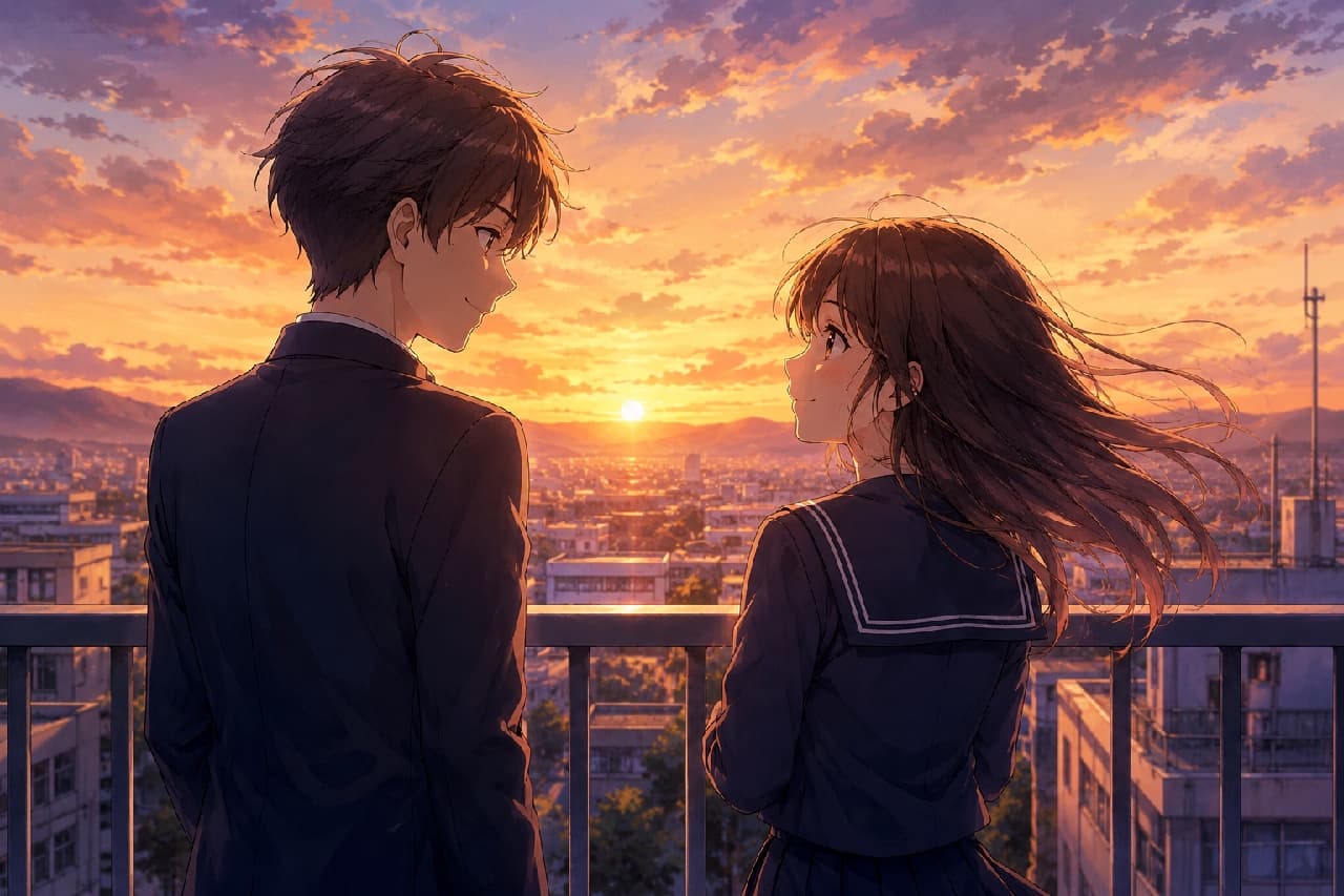 「放課後の屋上、夕焼け空の下でふと目が合う瞬間…🌇✨ 風になびく髪と優しい笑顔に、思わず胸がギュッとなりますね🥺 #青春 #エモいイラスト #夕焼け #放課後の風景」Ultra-realistic high-quality anime-style illustration of a high school boy and girl in uniforms smiling at each other on a school rooftop at sunset. The girl's long hair elegantly flutters in the wind. The soft, warm orange backlight of the setting sun dramatically highlights their silhouettes against a beautiful sunset sky and sprawling cityscape, creating a deeply emotional and nostalgic romantic atmosphere. 茜色に染まる美しい夕焼け空と沈みゆく太陽を背景に、学校の屋上で見つめ合う制服姿の男女の高校生を描いたアニメ風イラスト。風にふわりとなびく女の子の長い髪と、互いに向けられた優しく穏やかな微笑みが印象的。柔らかく温かいオレンジ色の逆光がふたりのシルエットをドラマチックに縁取り、眼下に広がる夕暮れの街並みとともに、ノスタルジックでエモーショナルな青春のひとときを鮮やかに描き出しています