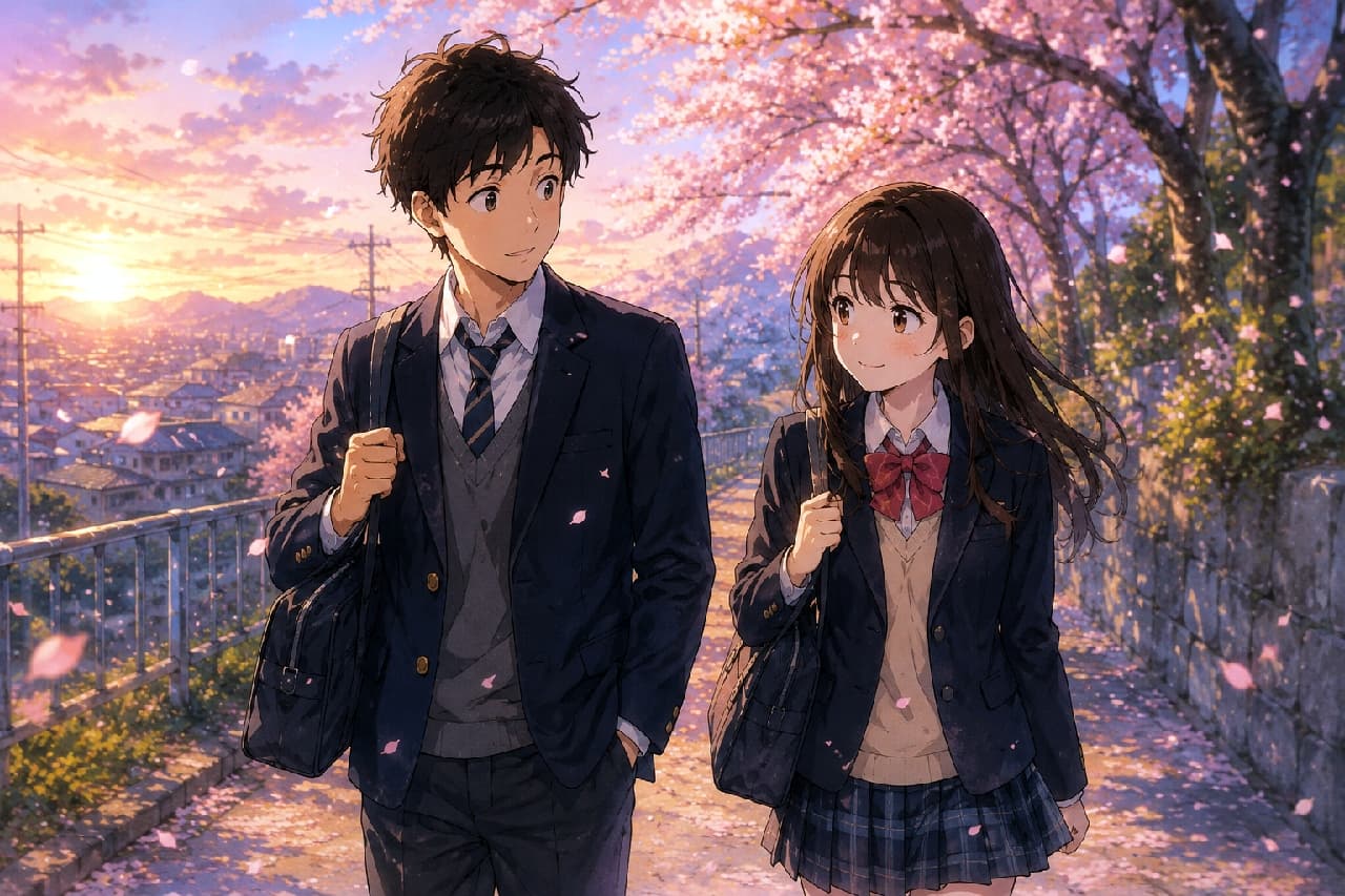 「夕暮れの帰り道、舞い散る桜とふたりの絶妙な距離感にキュンとしちゃう…🥺🌸 あなたの忘れられない青春の思い出は？✨ #青春 #エモいイラスト #桜の季節 #恋物語」Ultra-realistic high-quality anime-style illustration of a high school boy and girl walking side by side after school under a beautiful sunset and falling cherry blossoms. The girl with brown hair glances at the boy with a shy smile, while the black-haired boy looks back with a softly surprised, happy expression. The cinematic lighting, warm orange sunset glow over the town, and flying petals create a soft, emotional, and wholesome romantic atmosphere.　茜色に染まる夕焼け空と満開の桜を背景に、並んで下校する男女の高校生を描いたアニメ風イラスト。少し距離をあけて歩くふたり。ブレザーの制服を着た茶髪の女の子は頬を染めてはにかみながら隣の男の子を見上げ、黒髪の男の子は少し驚いたような、それでいて嬉しそうな優しい表情で彼女を見つめ返しています。あたたかなオレンジ色の夕日が街並みを包み込み、宙を舞う桜の花びらが、ドラマチックでエモーショナルな青春の情景を美しく際立たせています