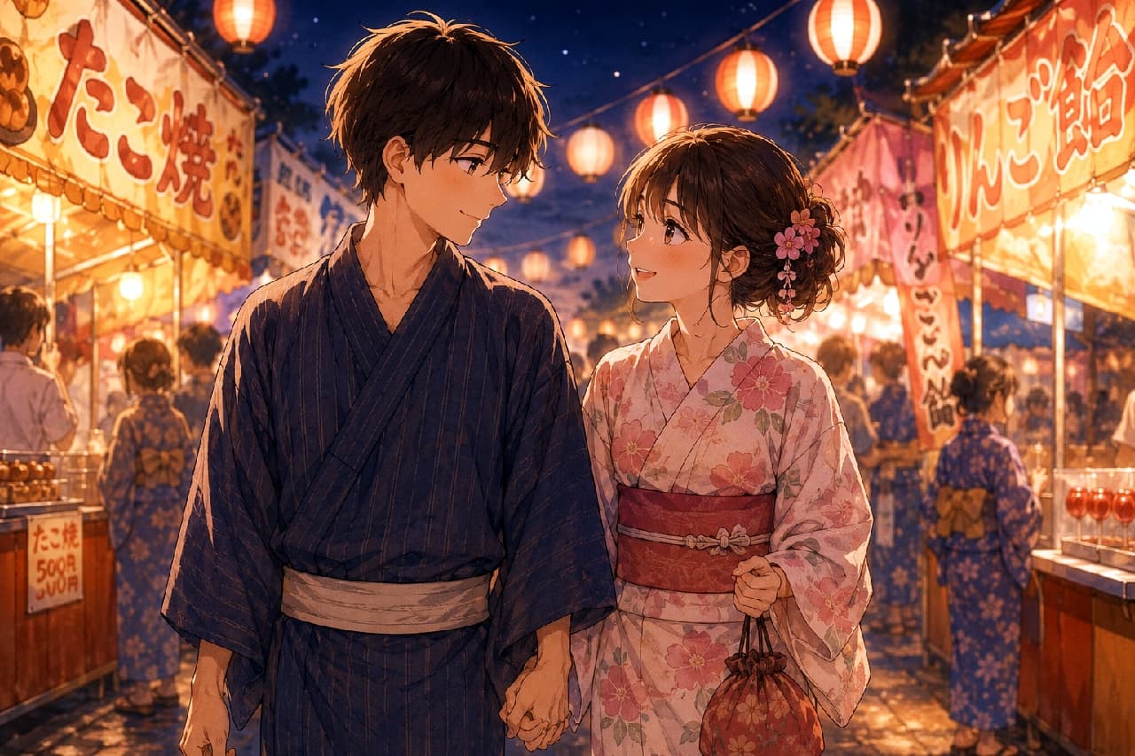 「夏祭りの夜、提灯の光に照らされて。ふと視線が合うだけで、鼓動が速くなる…🎆✨ あなたの特別な夏の思い出は？ #夏祭り #浴衣デート #エモいイラスト #青春」Ultra-realistic high-quality anime-style illustration of a young Japanese high school couple holding hands at a nighttime summer festival. They are wearing traditional yukata (a boy in blue striped, a girl in pink with cherry blossoms) and looking at each other with warm smiles. The girl has flower hair ornaments and is holding a drawstring purse. Background: A lively street lined with traditional food stalls displaying signs like "Takoyaki" and "Ringo-ame", illuminated by numerous warm orange paper lanterns. The cinematic lighting, crowds, and soft blur create an emotional and nostalgic Japanese atmosphere. 夜の夏祭りの屋台通りを、手をつないで歩く浴衣姿の若い男女を描いた和風アニメイラスト。男の子は紺色の縦縞の浴衣、女の子はピンクの桜柄の浴衣を着て、互いを見つめ合いながら優しく微笑んでいる。女の子は髪に花の飾りを付け、手に巾着袋を持っている。背景には「たこ焼」「りんご飴」などの文字が書かれた賑やかな屋台が並び、無数に吊るされた提灯の温かいオレンジ色の光が二人を優しく照らしている。人混みや提灯のぼかしが、情緒的な雰囲気を高めている