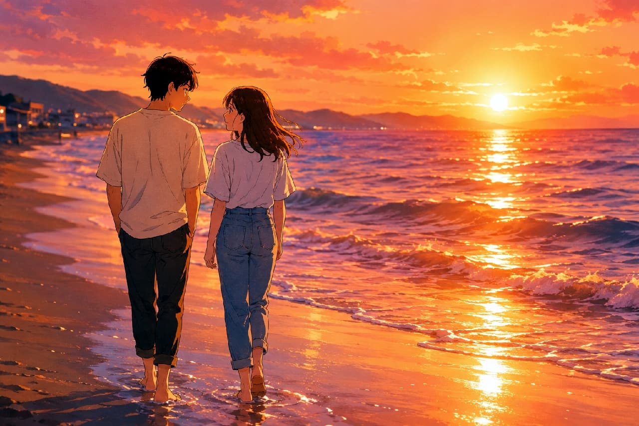 「夕焼けに染まる海を、ふたりで。互いの視線が交差する、かけがえのない瞬間…✨🌇あなたの「エモい」思い出は？ #青春 #エモいイラスト #夕焼けデート #波打ち際」Ultra-realistic high-quality photograph of an anime-style young couple walking barefoot along the wave-kissed shore of a magnificent sunset ocean, seen from behind. The man wears a white t-shirt and dark pants, and the woman wears a white t-shirt and blue jeans. They are looking at each other, walking in the shallow water as the gold and orange sunset reflects brilliantly on the ocean surface. Background shows the setting sun, colorful clouds, distant mountains, and coastal town lights, creating a deeply romantic and cinematic atmosphere. 壮大な夕焼けに染まる波打ち際を、裸足で並んで歩くカジュアルな服装のアニメ調の若いカップルの背中。男性は白いTシャツと黒いパンツ、女性は白いTシャツとジーンズを着用。互いに見つめ合いながら、黄金色の光が海面に反射する中を歩いている。背景には沈みゆく太陽、カラフルな雲、遠くの山々、そして街の灯りが見え、シネマティックでロマンチックな雰囲気が漂っている