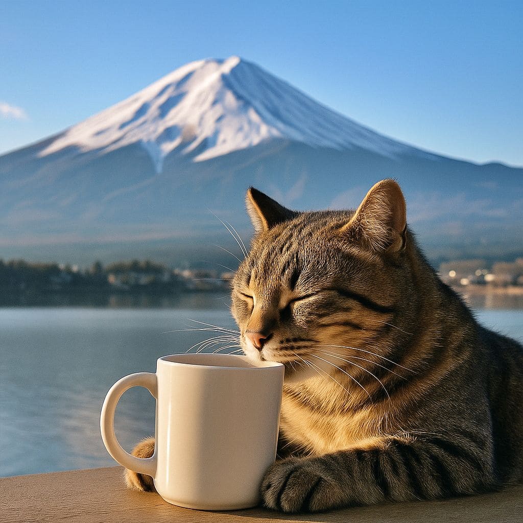 富士山の前でコーヒーを飲む猫