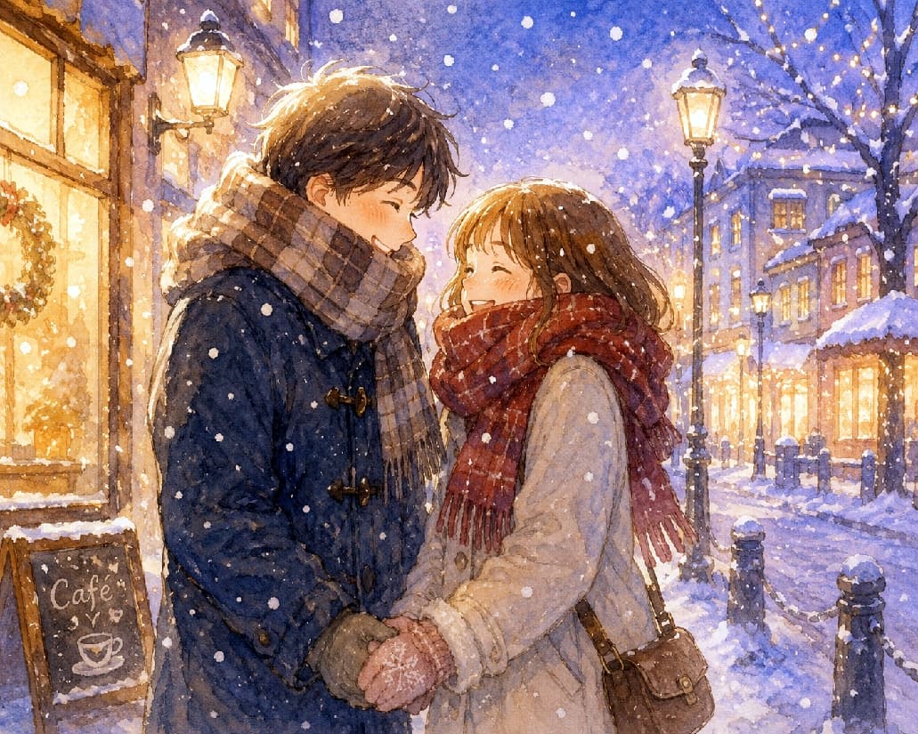 「雪の降る静かな夜、君の手の温もりだけで十分。❄️💕 この冬、大切な人と行きたい場所は？ #冬の思い出 #恋人たち #絵本の世界 #冬の散歩」Ultra-realistic high-quality photograph of a heartwarming picture-book-style illustration of a couple holding gloved hands and smiling at each other on a snowy, retro street corner. The man wears a navy duffel coat and plaid scarf, she wears a white fur-trimmed coat and red plaid scarf. The background features warm-lit "Café" windows, street lamps, and snow-covered antique buildings under gentle winter light. 雪が降り積もるレトロな街角で、微笑み合いながら手袋をしたまま手を繋ぐカップルの絵本調のイラスト。男性は紺色のダッフルコートとチェックのマフラー、女性は白いファー付きコートと赤系のチェックのマフラーを着用。背景には暖かく光るカフェ「Café」の窓と街灯、雪の積もったアンティークな建物が並び、やさしい冬の光に包まれている