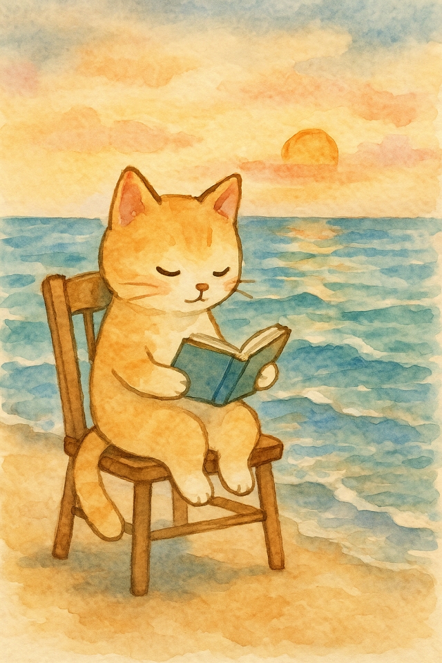 海辺で読書する猫（ChatGPT（DALL·E））