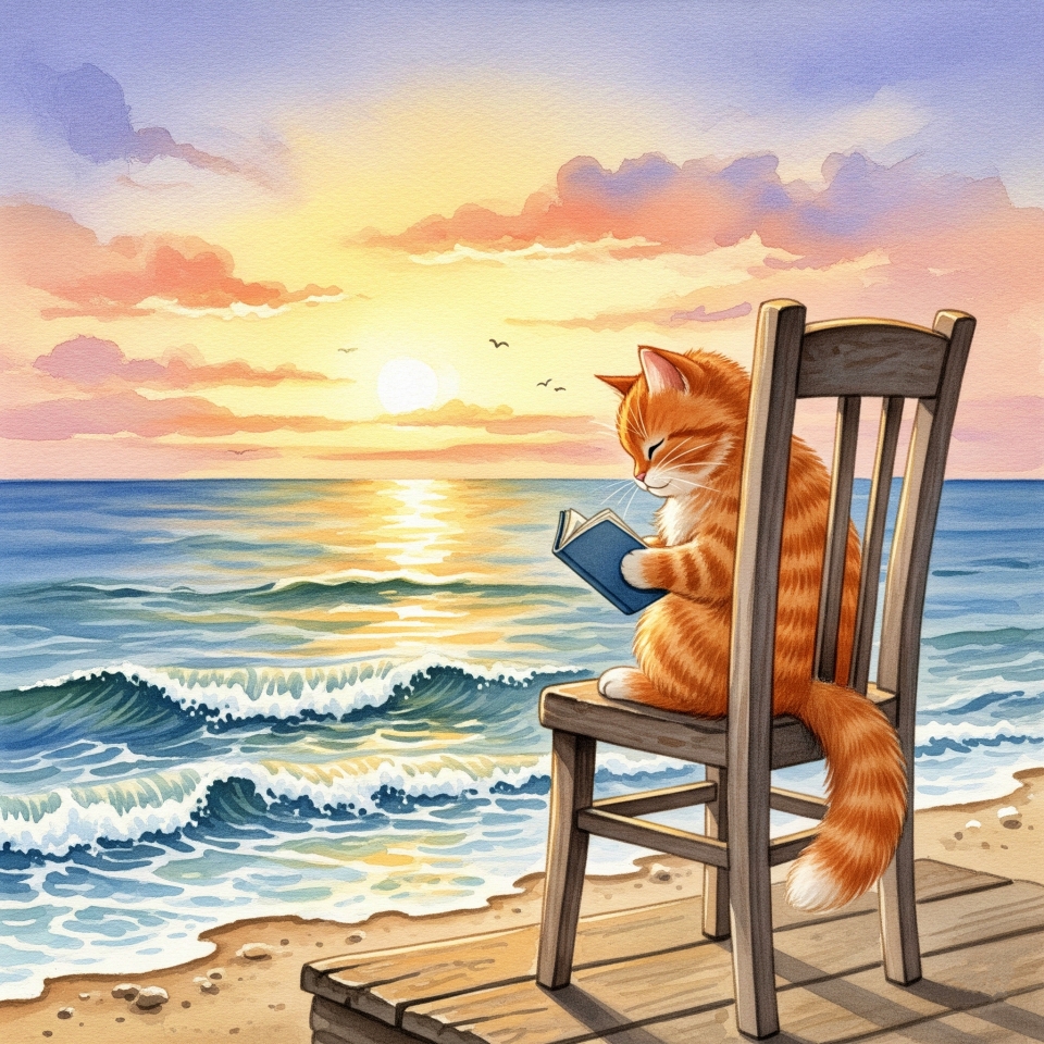 海辺で読書する猫（Google Gemini）