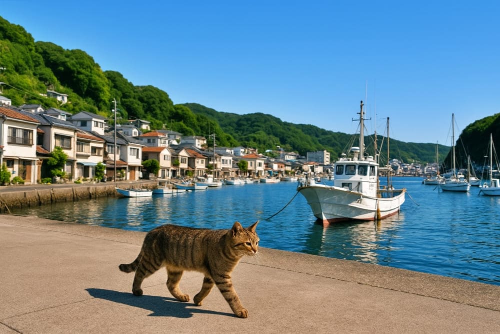 港町と猫の散歩（ChatGPT（DALL·E））