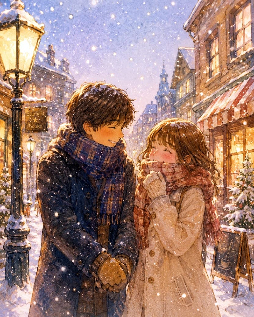 「君と一緒なら、どんな寒さも平気。古本屋の灯りの下で交わす笑顔。📚✨ #冬の恋人 #雪の街 #レトロ #エモい冬」Ultra-realistic high-quality photograph of a heartwarming picture-book-style illustration of a couple gazing and smiling at each other on an antique street with a sign for "Starlight Books" under falling snow. He wears a teal duffel coat and plaid scarf, she wears a white fur-trimmed coat and red plaid scarf. He wears gloves and is about to hold her hand. Street lamps and shop lights gently illuminate them. 雪が降り積もる古書店「Starlight Books」の看板があるアンティークな街並みで、見つめ合いながら微笑むカップルの絵本調のイラスト。男性は青緑のダッフルコートとチェックのマフラー、女性は白いファー付きコートと赤系のチェックのマフラーを着用。男性は手袋をして手を繋ごうとしている。街灯と店の明かりが優しく二人を照らしてい