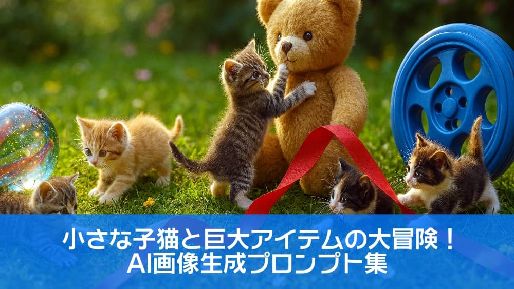 小さな子猫と巨大アイテムの大冒険！ AI画像生成プロンプト集 Part2