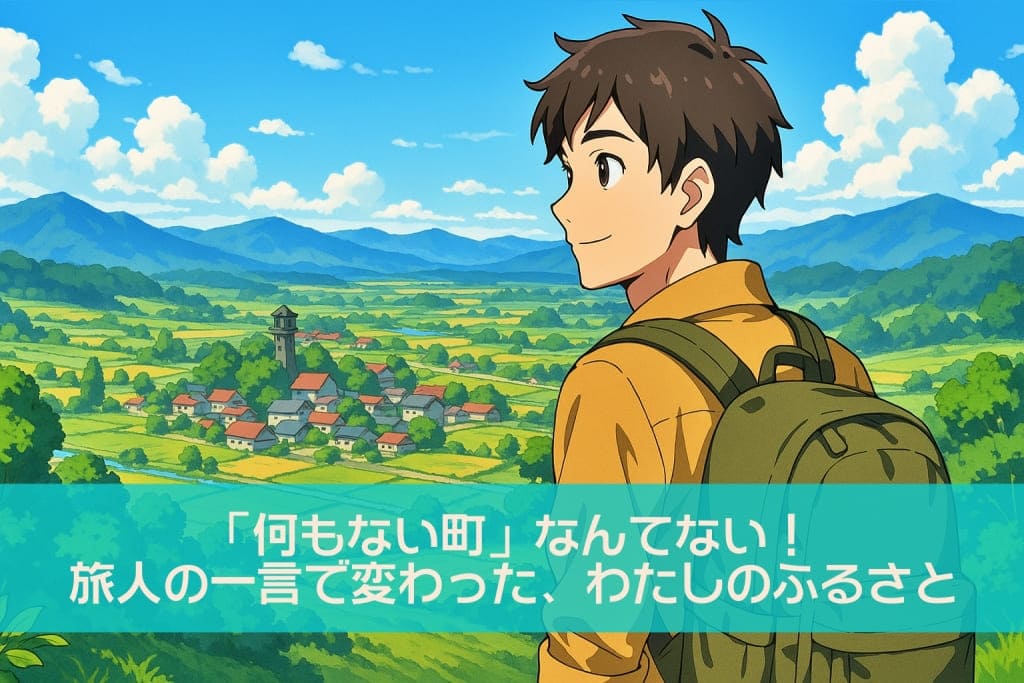 丘の上の風景と旅人