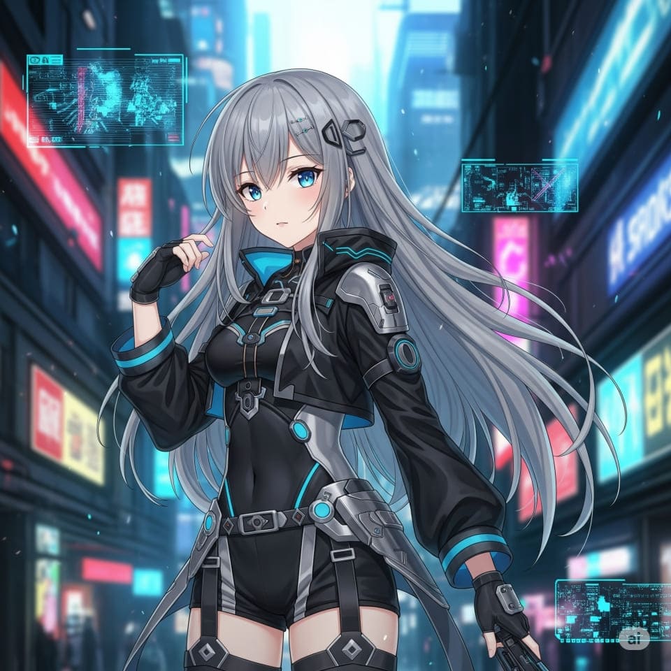 ネオンきらめくサイバーパンク都市を背景にした、クールな銀髪の少女のアニメ風イラスト