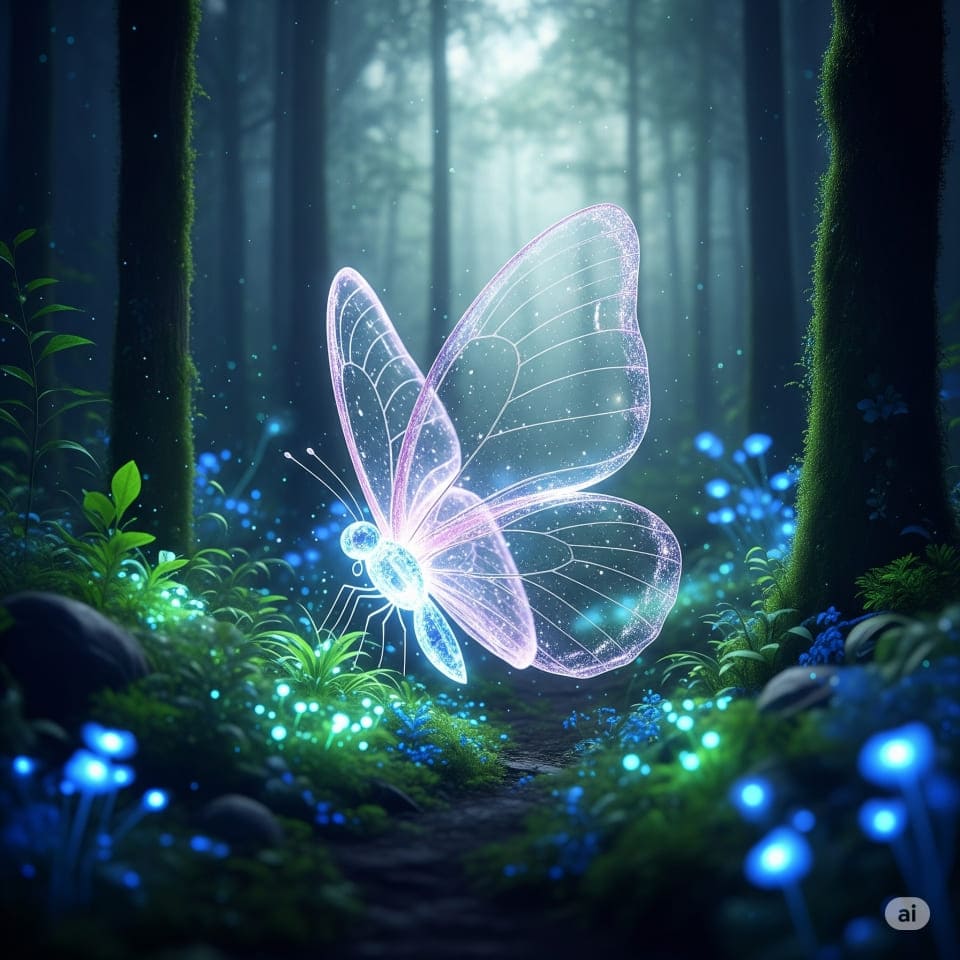 羽や体が透き通ったクリスタルでできている蝶が、幻想的な森の中を飛んでいる画像