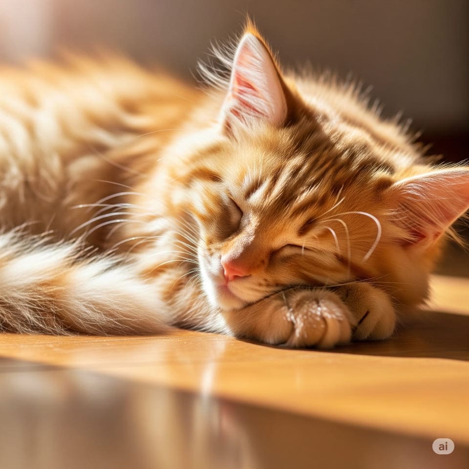 「ふわふわの毛並みの、眠そうな子猫」の画像