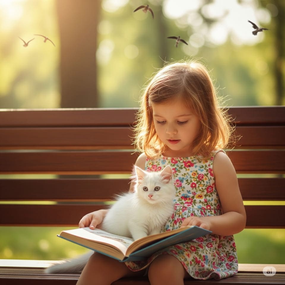 「晴れた日の午後、木漏れ日が差す公園のベンチで、かわいい女の子が、子猫と一緒に本を読んでいる」画像