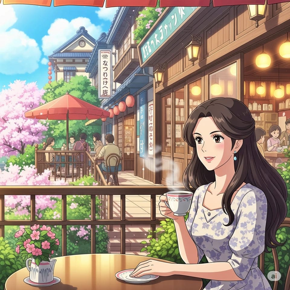 上記プロンプト「カフェのテラスでコーヒーを飲む女性、日本のアニメ風」の画像、アニメのセル画のような、はっきりとした輪郭と影が特徴の「アニメ」タッチ