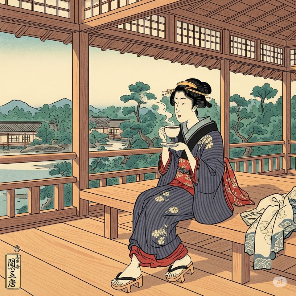 上記プロンプト「カフェのテラスでコーヒーを飲む女性、浮世絵風」の画像、独特の線画と色使いが特徴の「浮世絵」タッチ