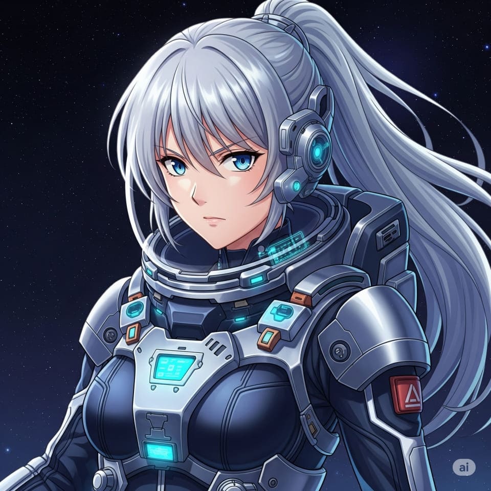 上記プロンプト「銀髪のポニーテールで、青い瞳をした20代の女性が、未来的な宇宙服を着て、決意に満ちた真剣な顔で、こちらを見つめている、アニメ風」で生成された画像