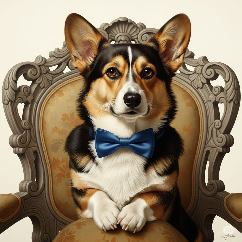 上記のプロンプトで生成された、まるで肖像画のような、ユニークでかわいいコーギー犬の画像