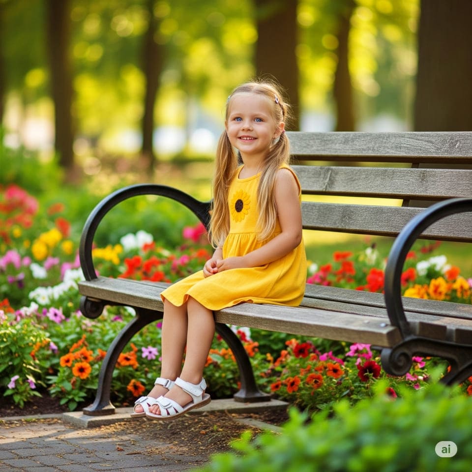 「公園のベンチに座っているかわいい女の子」の画像