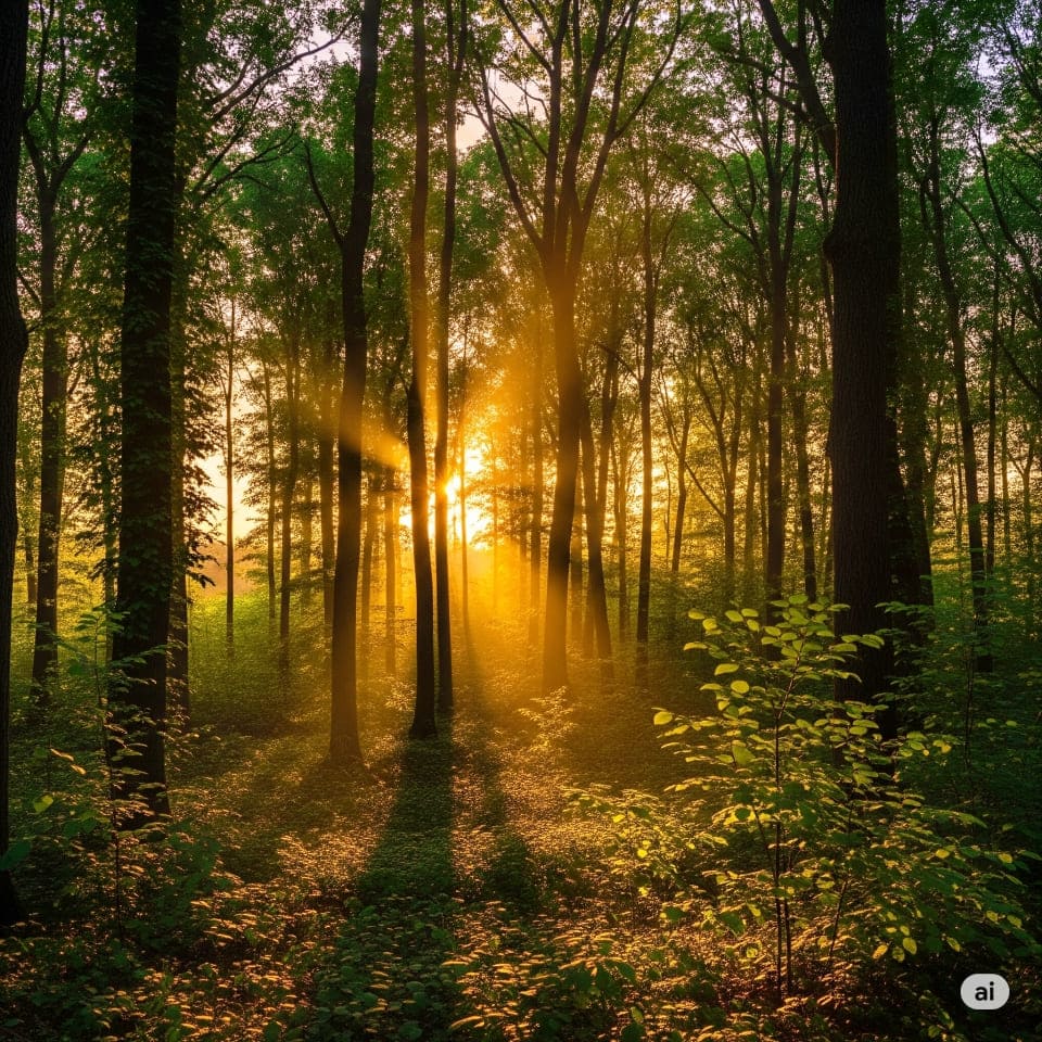 夕日が森の木々の間から差し込み、光の筋ができている幻想的な画像