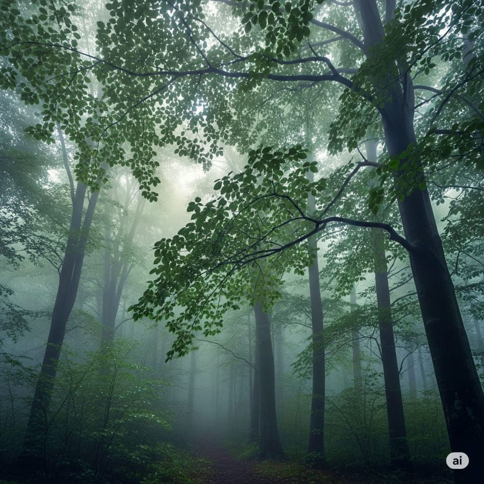 雨に濡れた木々がみずみずしく、深い霧が立ち込めている神秘的な森の画像