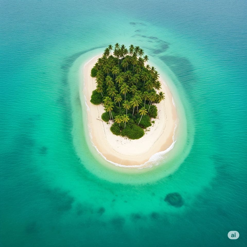 まるで旅行番組で見るような、壮大で美しい無人島の空撮写真