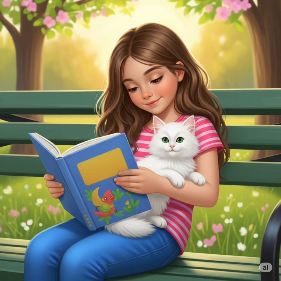 「女の子の隣にちょこんと子猫が座っている」画像