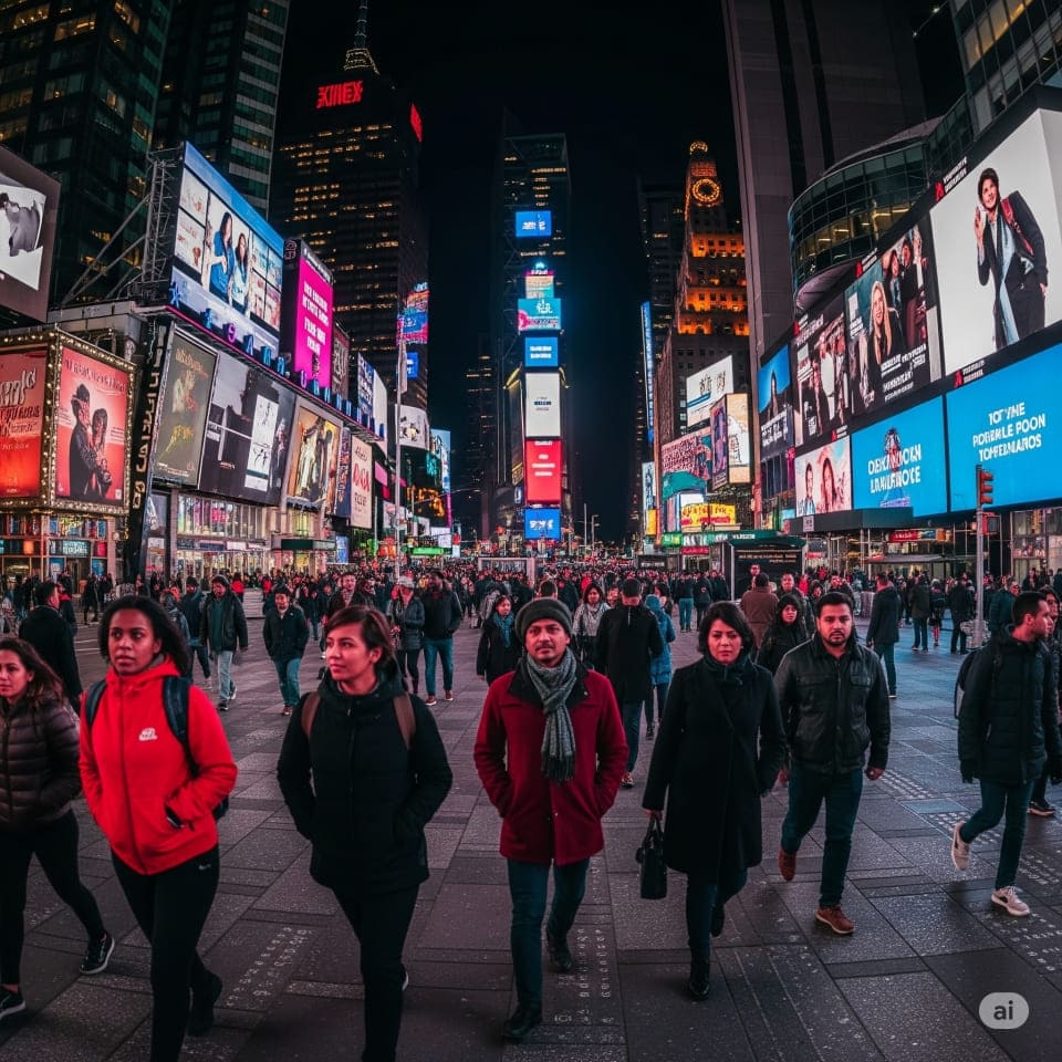 ビル群やネオンがダイナミックに広がる、迫力のあるタイムズスクエアの画像