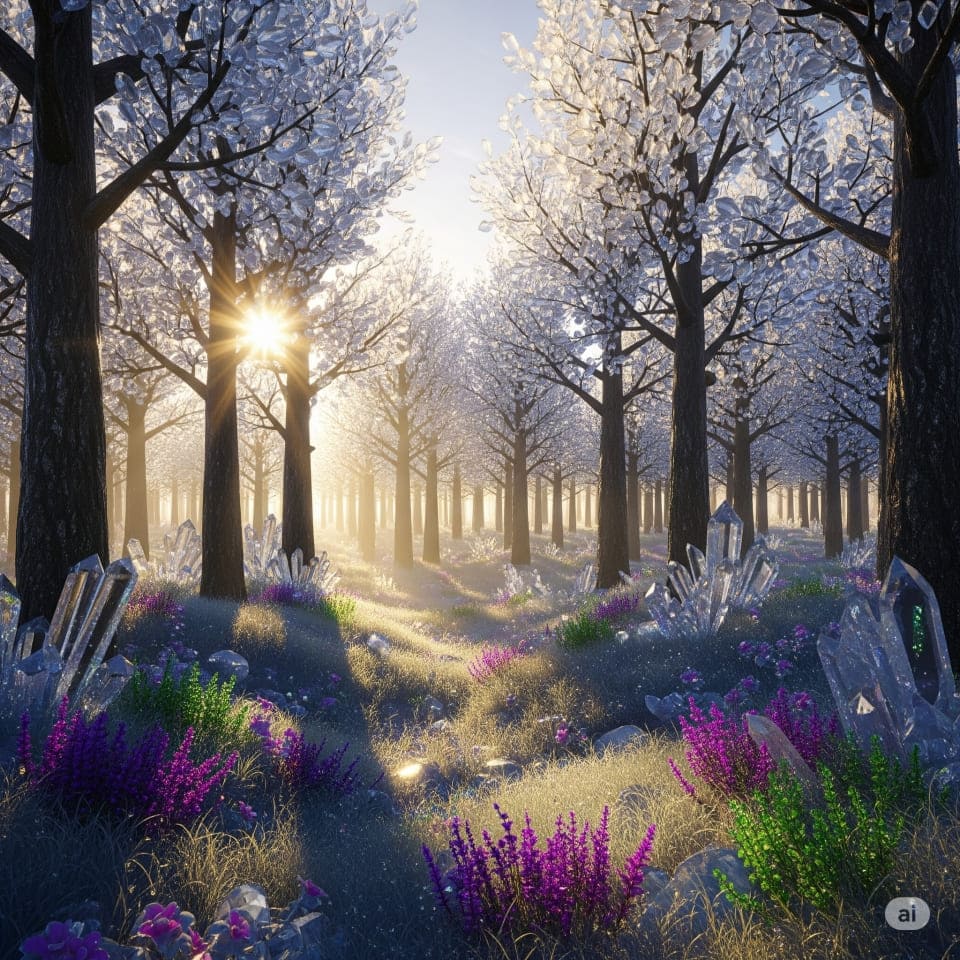 木々全体が透明なクリスタルでできており、内部から光を放っている幻想的な森の画像