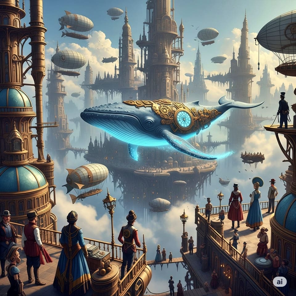 歯車や真鍮でできた建物が空に浮かび、その間を雄大に泳ぐクジラの画像