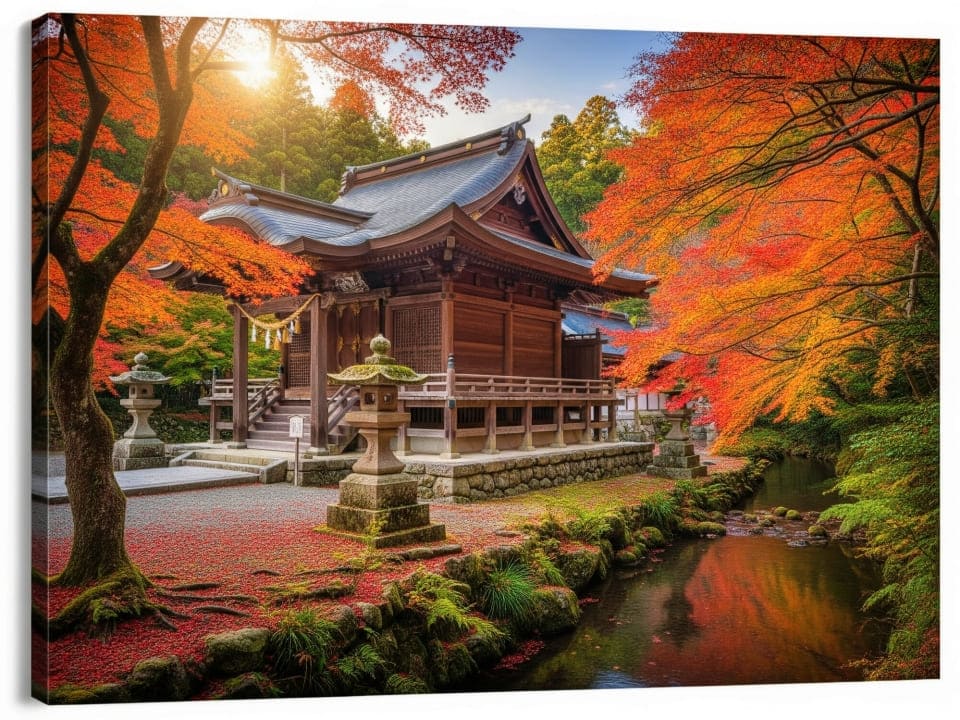 燃えるような赤や黄色の紅葉に彩られた、美しい神社の風景画像