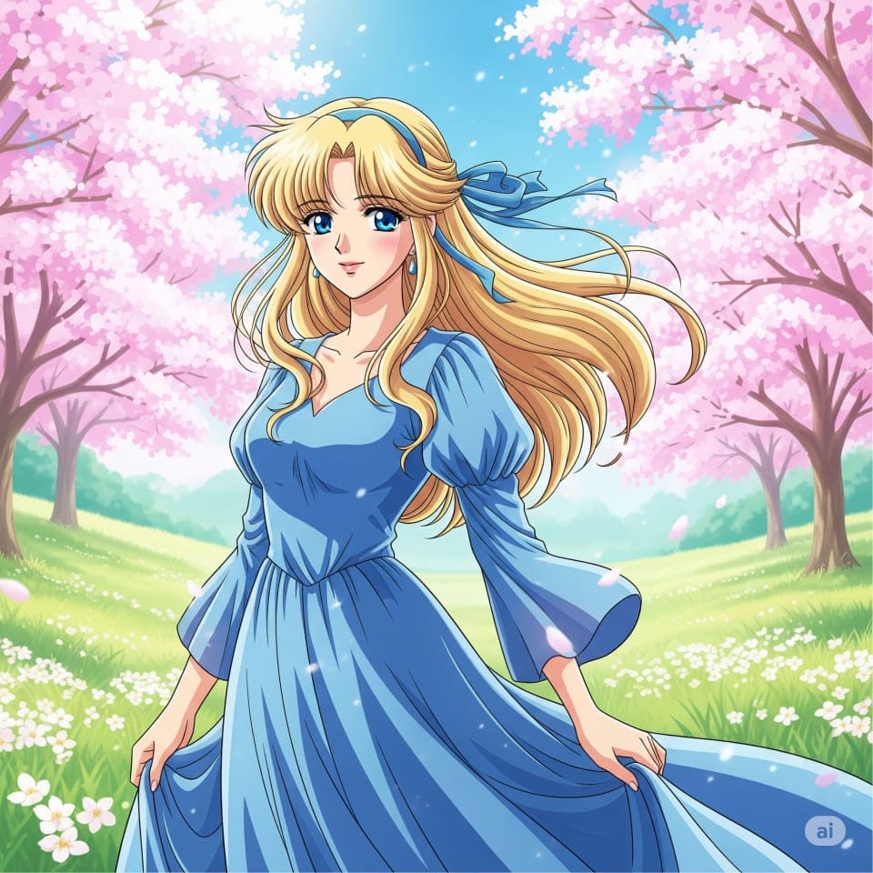 青いドレスを着た金髪女性のアニメ風画像