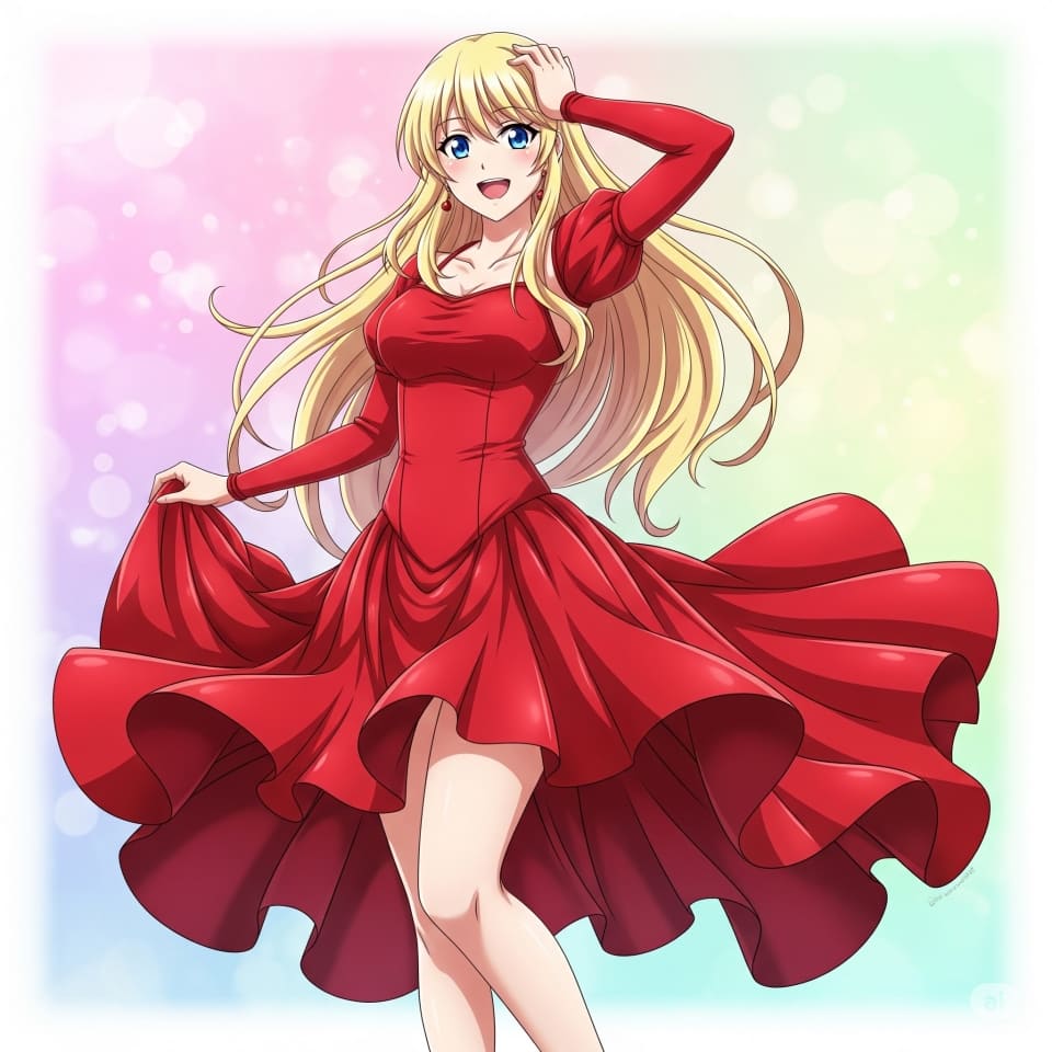 ドレスが綺麗な赤色に変わった女性の画像