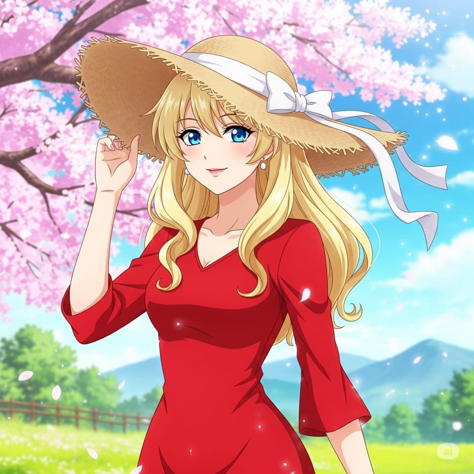 赤いドレスの女性が麦わら帽子をかぶっている画像