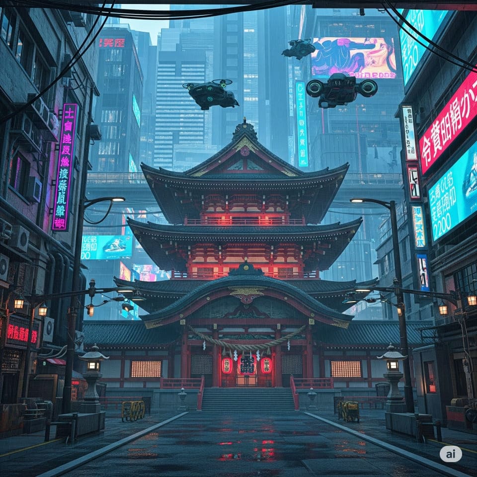 プロンプト「サイバーパンク風にアレンジされた日本の寺院」で生成した画像