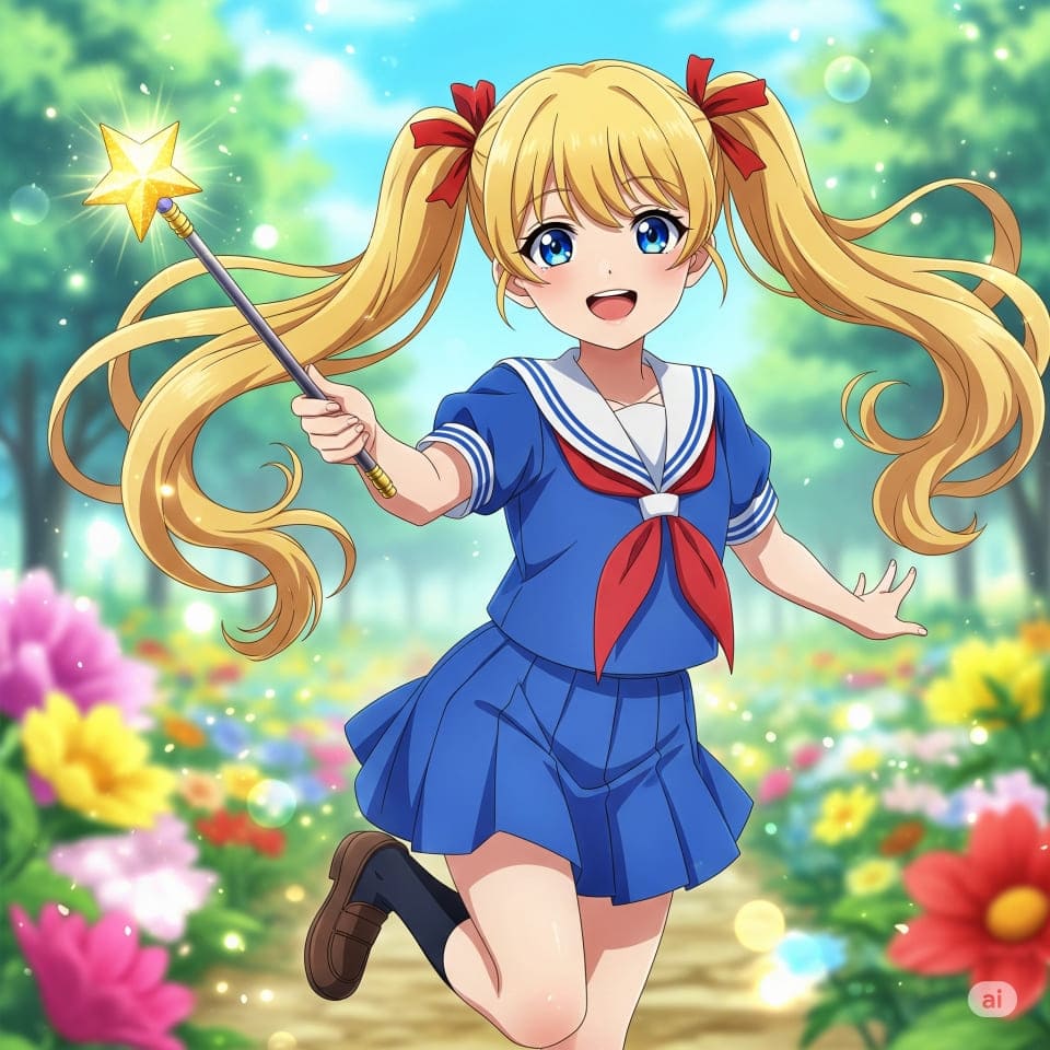 プロンプト「金髪ツインテールで、青いセーラー服を着て、元気な表情で魔法のステッキを持っている女の子」で生成した画像