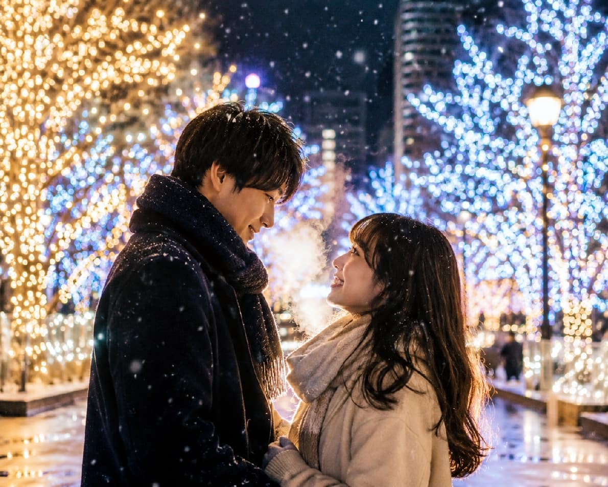「きらめくイルミネーションより、君の笑顔から目が離せない…❄️✨ 白い息が溶け合う魔法の夜💖 あなたの特別な冬の予定は? #冬デート #イルミネーション #恋人 #エモい写真」Ultra-realistic high-quality photograph of a young couple gazing into each other's eyes, surrounded by breathtaking winter night illuminations. The man wears a dark coat and thick scarf, while the woman is in a white coat and scarf. Their crisp white breath is highly visible in the cold air as gentle snow falls around them. The dramatic backlight and the sparkling warm and cool bokeh lights in the background create a deeply romantic, emotional, and magical winter atmosphere. 光り輝く冬の夜の街角で、まばゆいイルミネーションに包まれながら至近距離で見つめ合う若い男女の超リアルな高画質写真風画像。男性はダークなコートに厚手のマフラー、女性は白いコートにマフラーを着用し、手袋をした手を優しく添えています。ふたりの間から立ち上る白い息と、背景に広がる暖色系・寒色系のきらびやかなボケ光(玉ボケ)が、冬の厳しい寒さと対照的な心の温もりを見事に表現。ドラマチックな逆光が、ロマンチックで魔法のような雰囲気を際立たせています