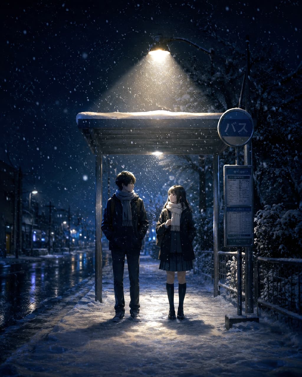 「雪の夜のバス停、街灯の光に包まれて。いつまでもこの時間が続けばいいのに…🌌💖 #青春 #エモいイラスト #雪の夜 #バス停 #恋物語」Ultra-realistic high-quality photograph of an anime-style illustration showing a young boy and girl standing side by side under a strong spotlight from an overhead street lamp at a snowy night bus stop. The boy wears a dark coat and scarf, and the girl wears a navy blazer and skirt with a white scarf and knee-high socks. There is a slight distance between them. The background features a "バス" (bus) sign, timetable, snow-covered bench, and a dark cityscape under falling snow, with the snow reflecting the warm orange light. 雪が静かに舞う夜のバス停で、頭上の街灯からの強いスポットライトに照らされて並んで立つ若い男女のアニメ風イラスト。男の子はダークなコートとマフラーを着用し、女の子は紺色のブレザーとスカート、白いマフラー、ニーハイソックス姿。二人の間には少し距離があり、男の子はポケットに手を入れ、女の子は少しうつむいている。背景には「バス」と書かれた看板、時刻表、雪の積もったベンチ、暗い夜の街並みが広がり、積もった雪がオレンジ色の光を反射している