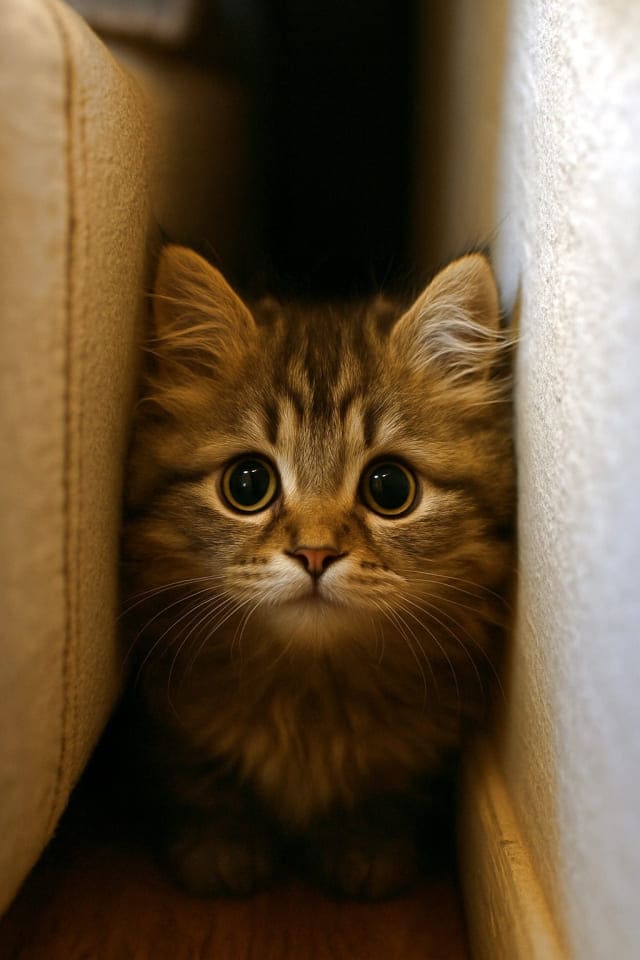 【ひみつの基地】ソファのすき間からじっと覗く子猫